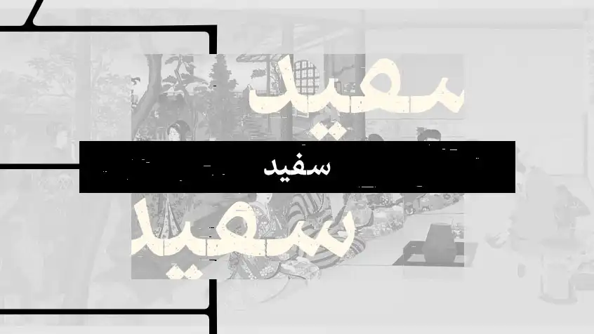 کاور معرفی کتاب سفید با تصویر کم‌رنگ از یک صحنه سنتی و متن سفید.